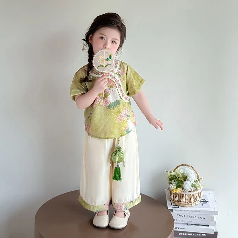 女童套装夏季2025新款洋气儿童国风汉服女宝宝两件套新中式唐装潮
