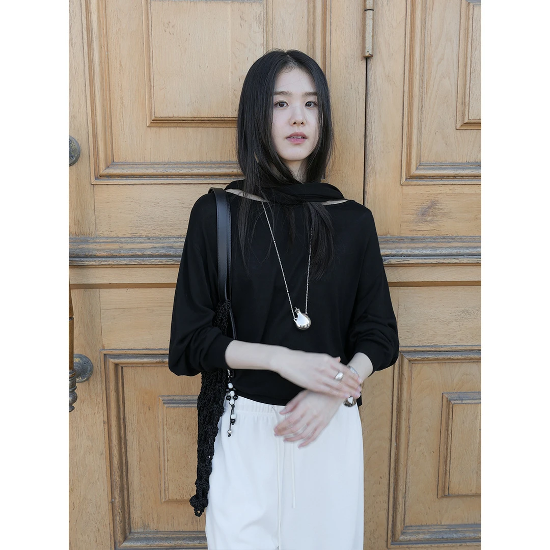 细腻柔软亲肤针织衫垂坠有型天丝羊毛上衣打底宽松黑色长袖薄款