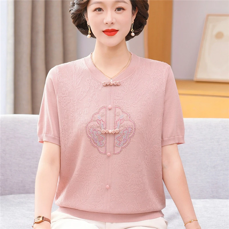 母亲节妈妈夏装新款上衣宽松针织短袖T恤中老年女装国风冰丝小衫