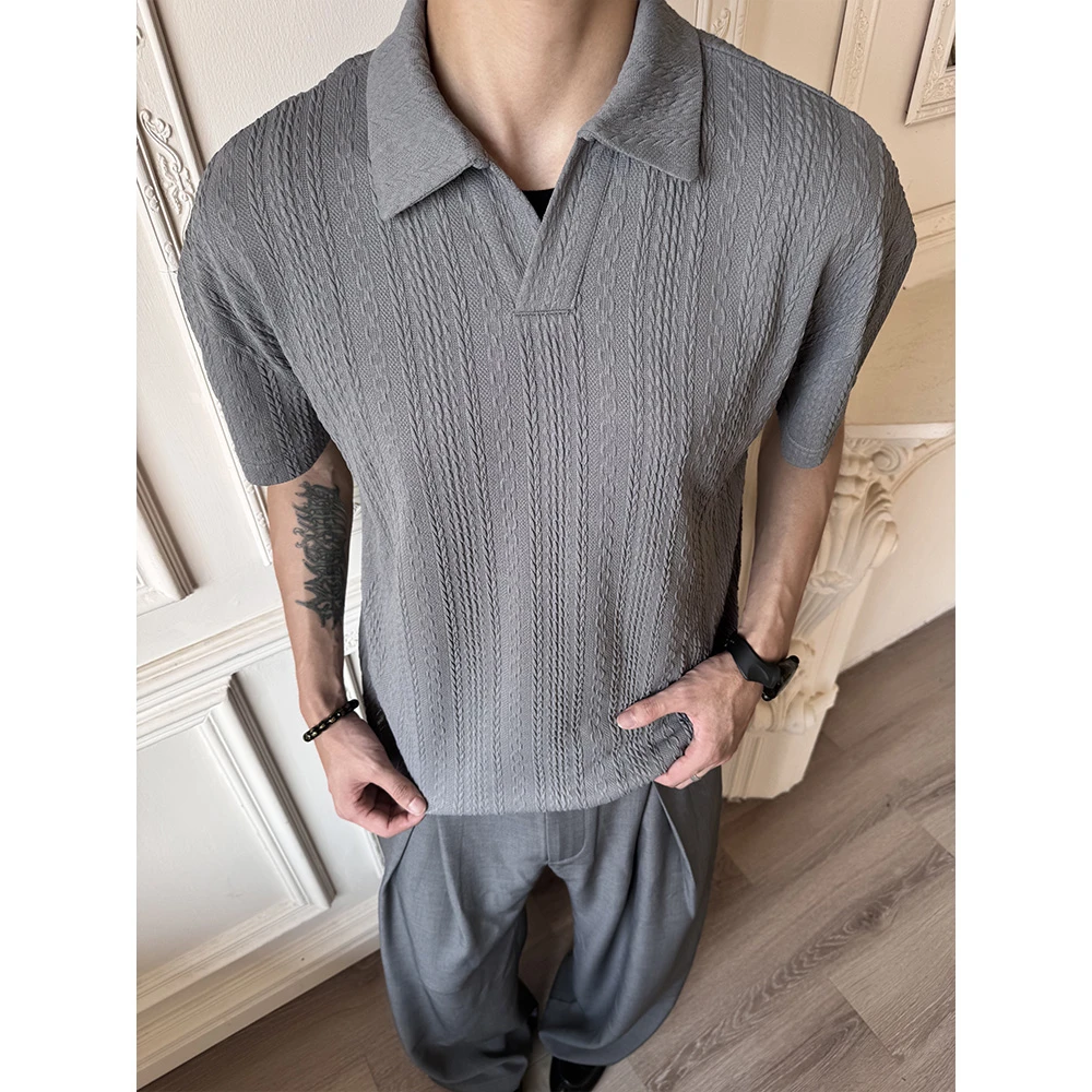 WESSK柔软麻花条纹V领cleanfit夏季休闲百搭透气polo短袖衬衫男女