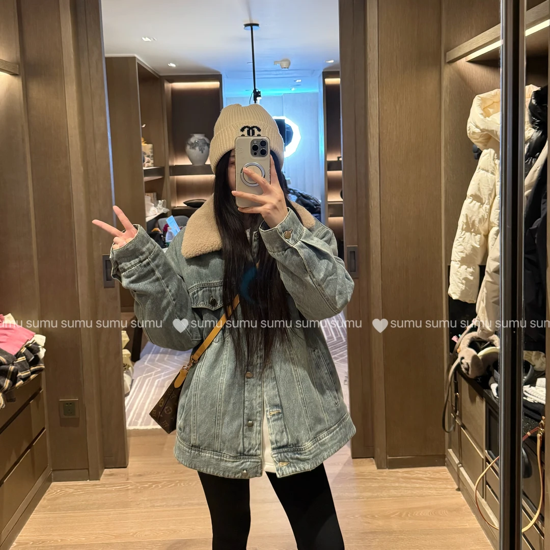 宿慕SUMU经典翻领洋气时尚加棉加厚牛仔外套秋冬新款百搭棉衣9057