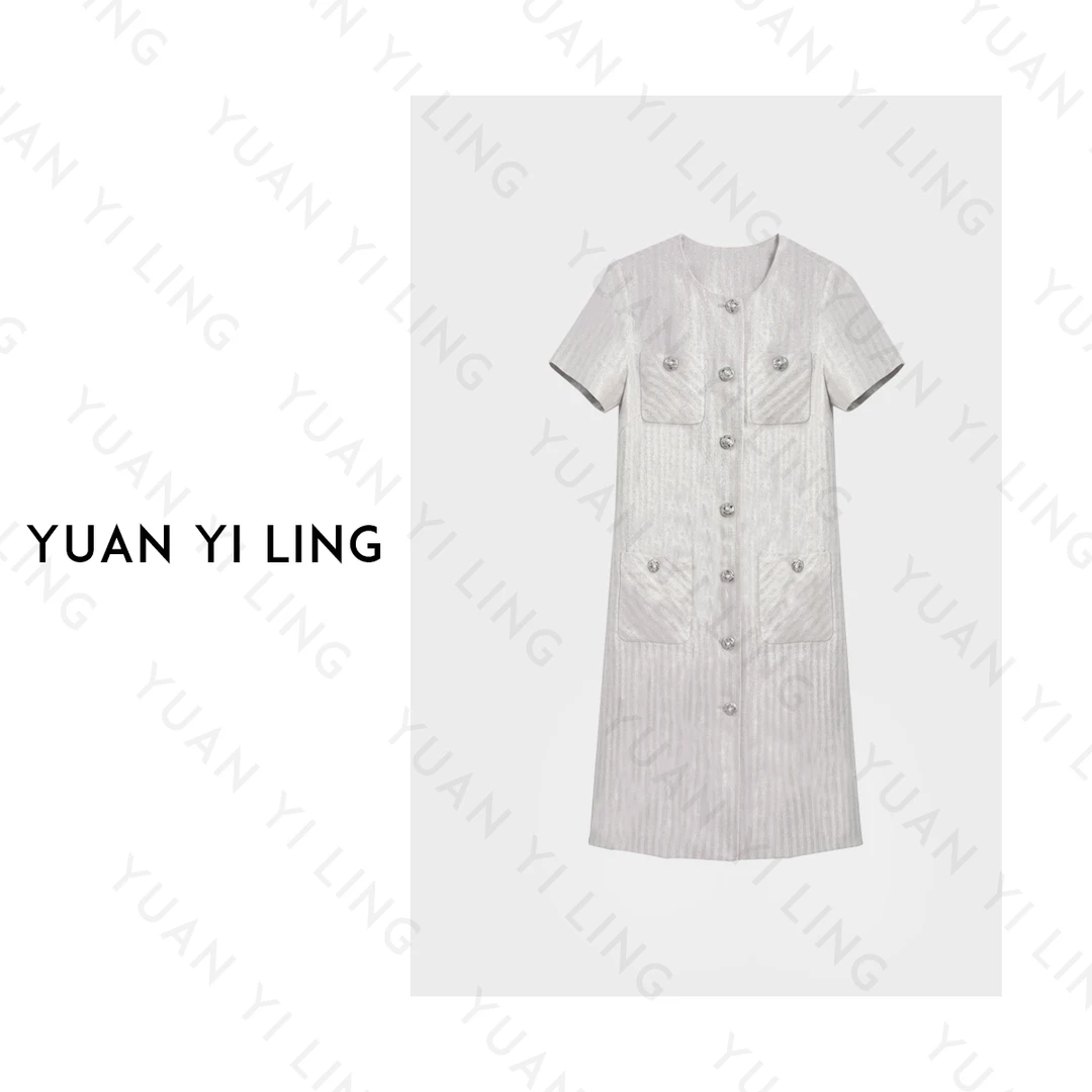 袁艺灵【法式美学】25夏季上新定制银丝亚麻条纹轻奢时髦女装连衣裙