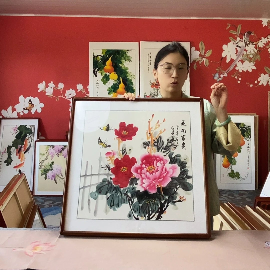 国画手写手绘国画作品带框包邮62✖️62