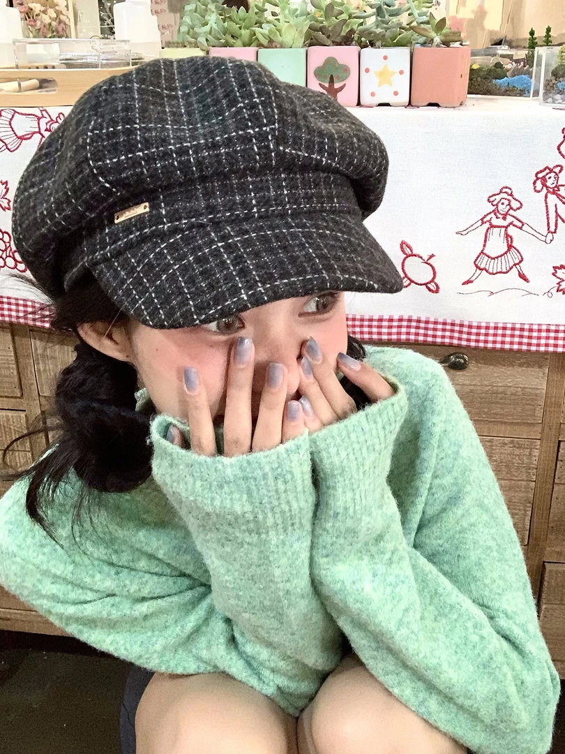 韩版小香风格纹八角贝雷帽女大头围显脸小复古百搭云朵画家帽子潮