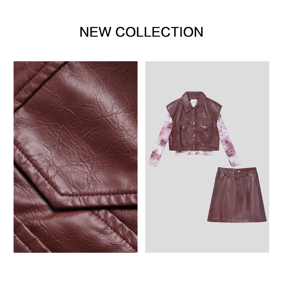 【龙哥专属】D3F39020B 春季皮质马甲+上衣+皮质短裙套装 2435