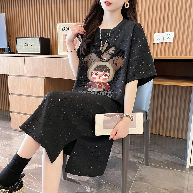 亮闪闪长款过膝短袖T恤裙女夏季宽松时尚气质百搭下摆开叉连衣裙