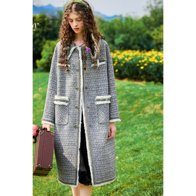 菀壹2025冬季新款毛呢大衣中长款加厚格子韩版秋冬D26013351