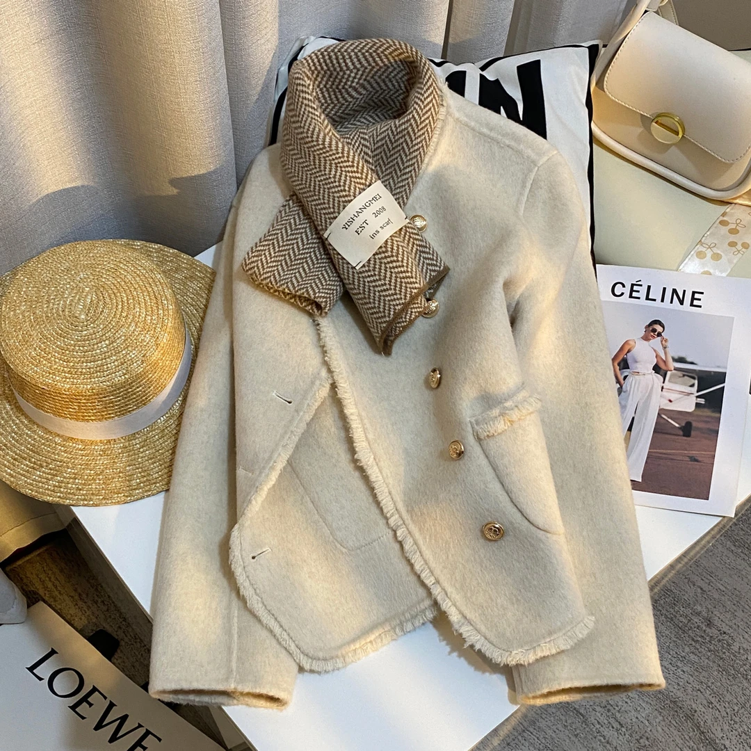 时尚秋冬新款米白色独特流苏包边设计双面羊绒大衣女时髦通勤外套