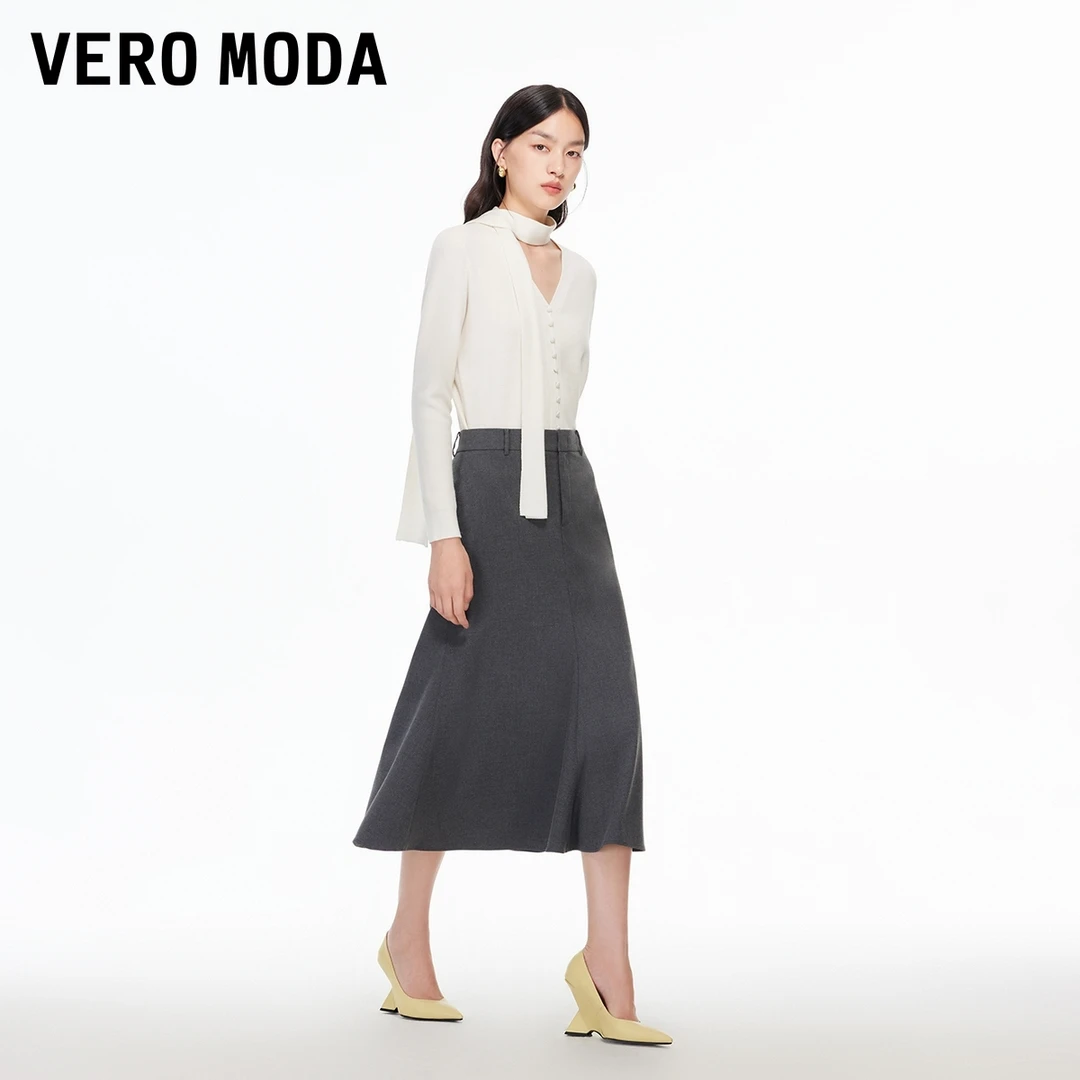 Vero Moda半身裙2025冬季新款女高腰H版型百褶裙摆纯色显瘦高级感