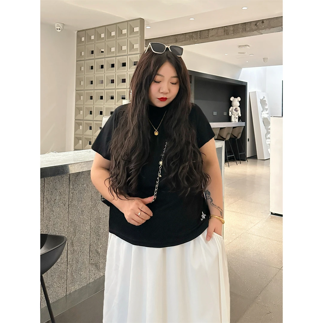 雾气弥漫 / 辣妹正肩设计感短袖T恤13990花契大码200斤胖mm减龄