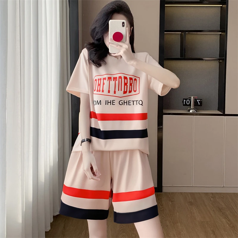 【粉丝专享】2件套夏季女短袖短裤宽松圆领休闲印花套装女韩版264