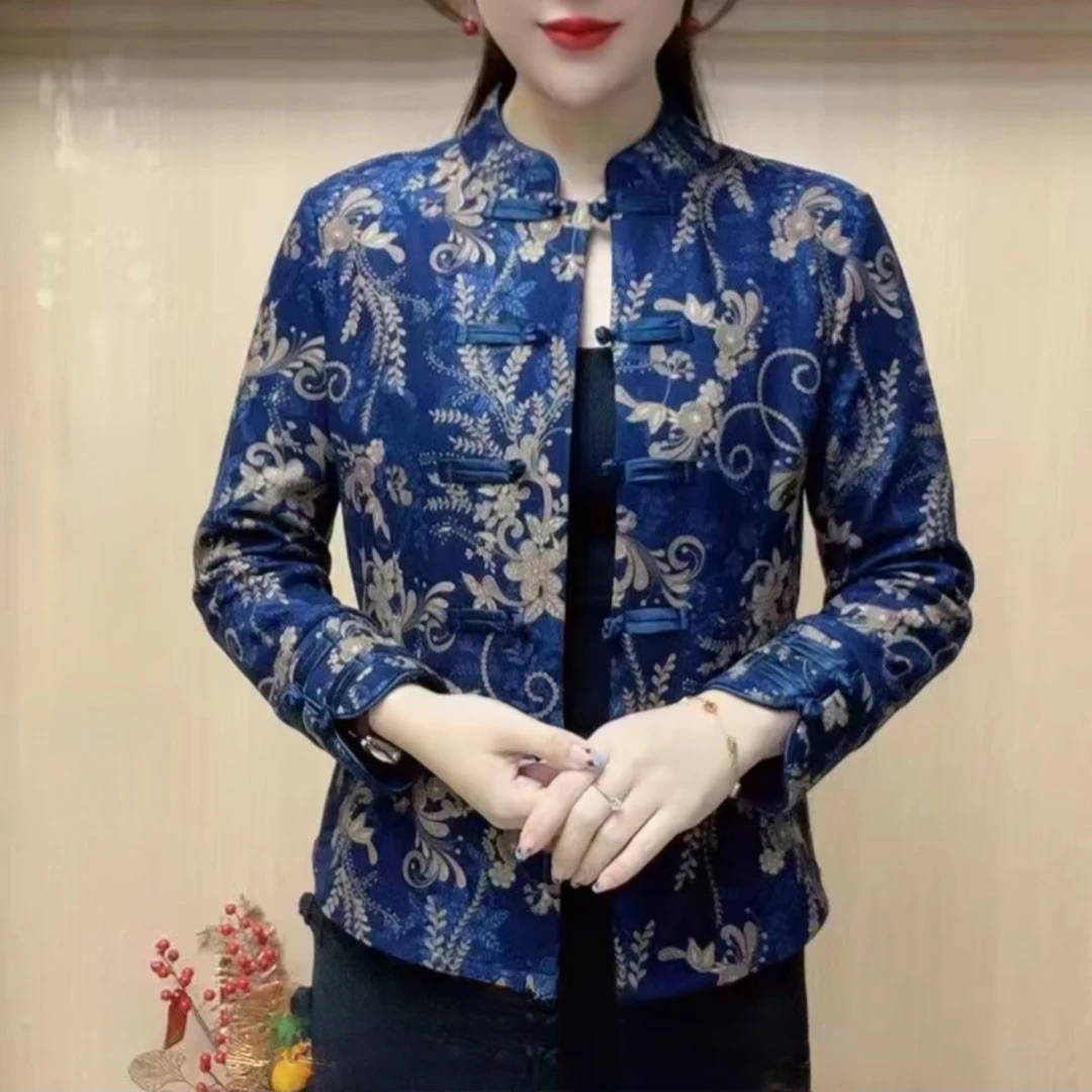 冬季加绒保暖中老年妈妈复古旗袍开衫新中式弹力上衣时尚外套