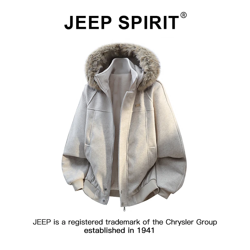 JEEPSPIRIT吉普高级感毛领连帽棉服男士冬季潮牌加绒保暖棉衣外套