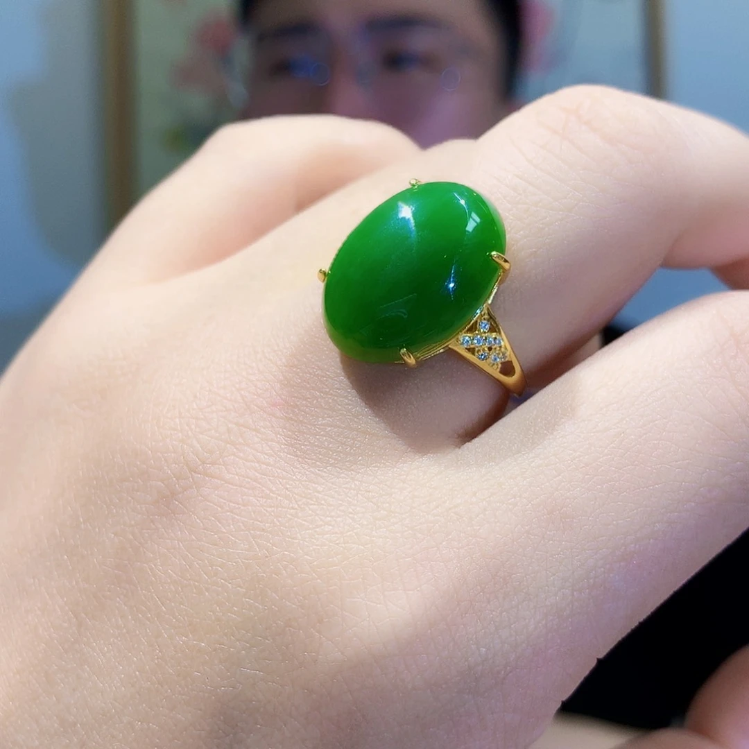 和田玉（碧玉）戒指银S925镀金镶嵌