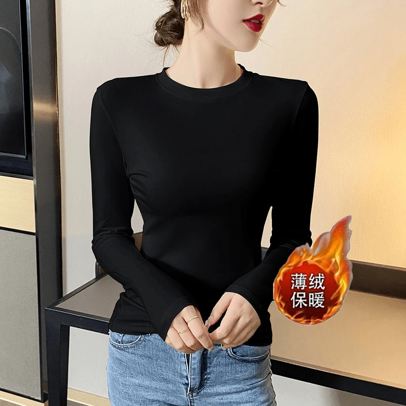 少女感韩系慵懒感圆领长袖T恤女秋冬季简约薄绒保暖修身显瘦上衣