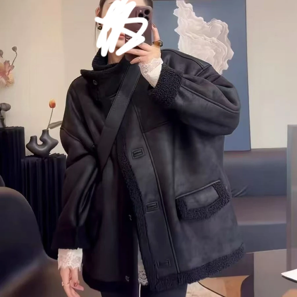 小丁韩版宽松大码外套女装立领百搭显瘦机车服上衣皮毛一体女5801