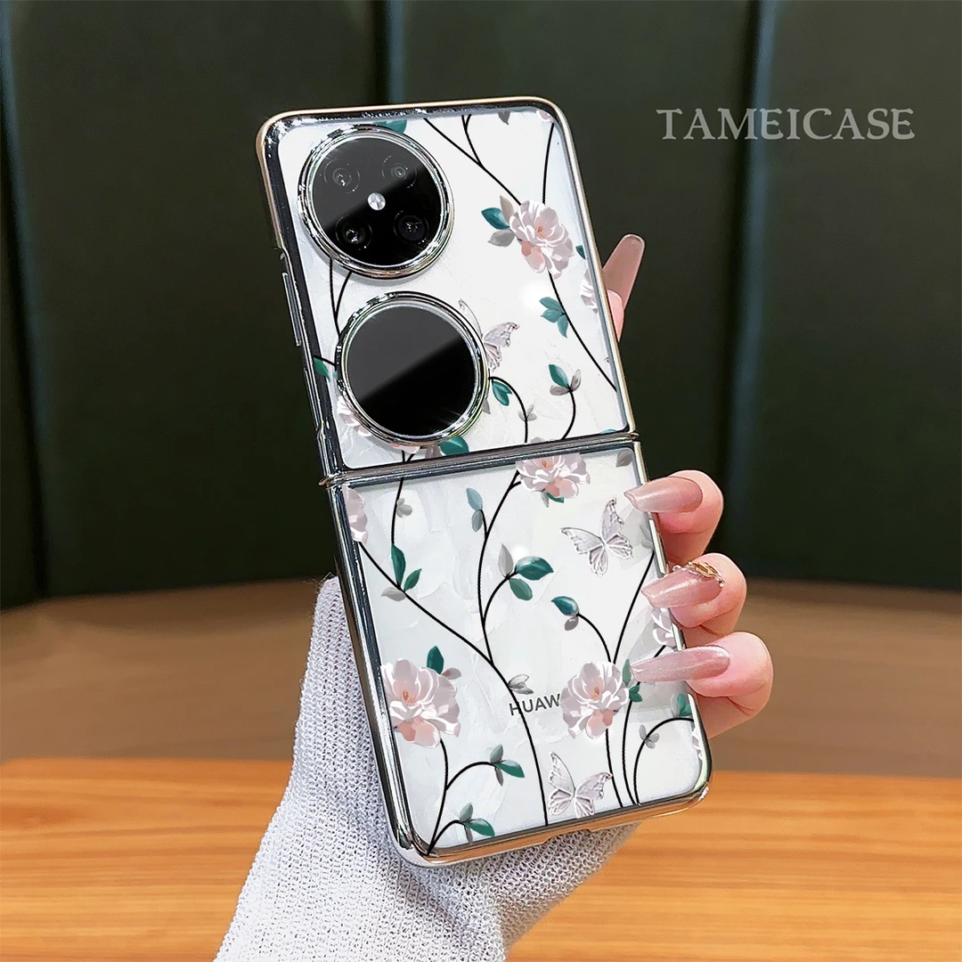 适用华为POCKET2简约粉色花枝缠绕电镀透明折叠支架防摔手机壳