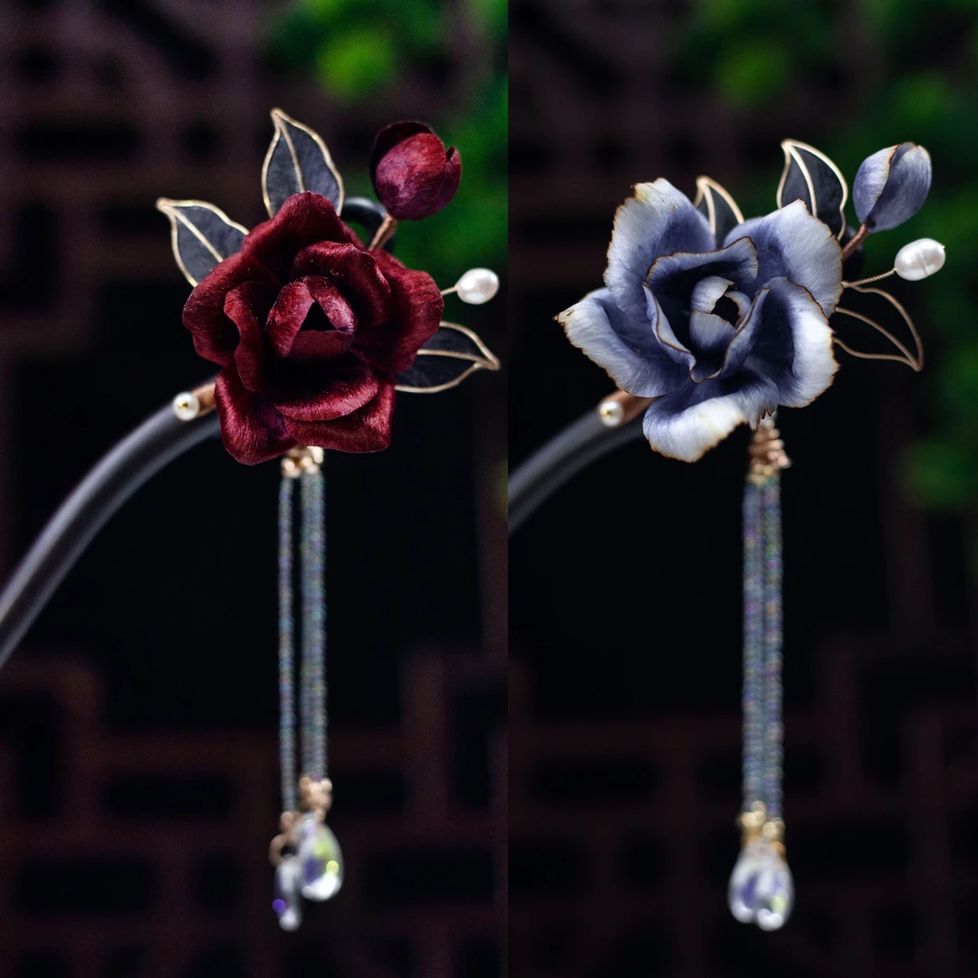 玫瑰非遗绒花黑檀木手作中国风女发簪古风百搭盘发旗袍发饰木发簪