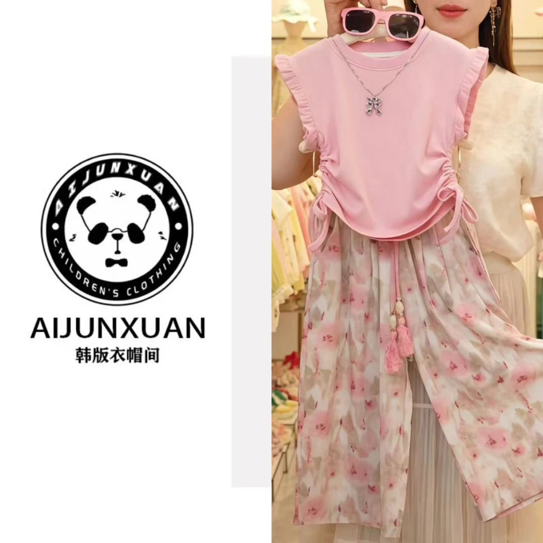 【专属定制】2025韩版甜美夏装女孩收腰T恤阔腿裤两件套洋气