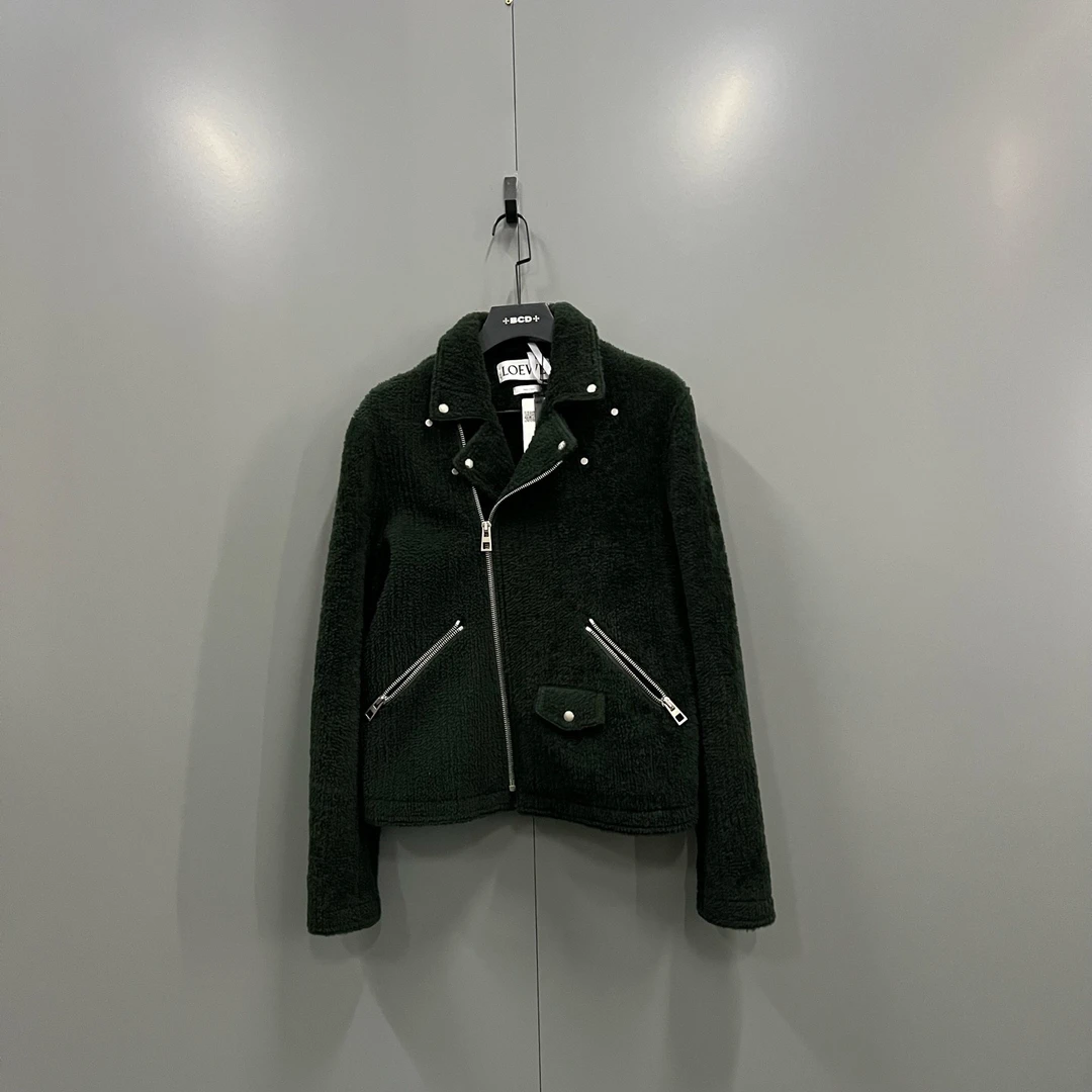 99新 LOEWE/罗意威 (ll) 深绿色抓绒斜拉链夹克 48码/018231