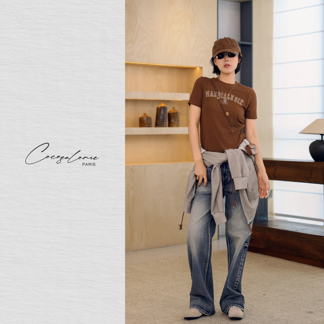 韩彬彬"美式数字"夏日穿搭缎光高弹休闲美式复古时髦短T恤783H-1