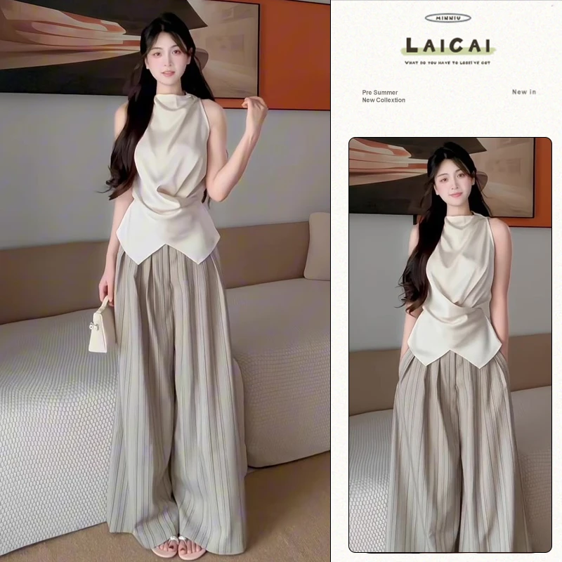 慵懒风法式荡领绑带无袖上衣搭配高腰大摆气质阔腿裤韩系两件套女