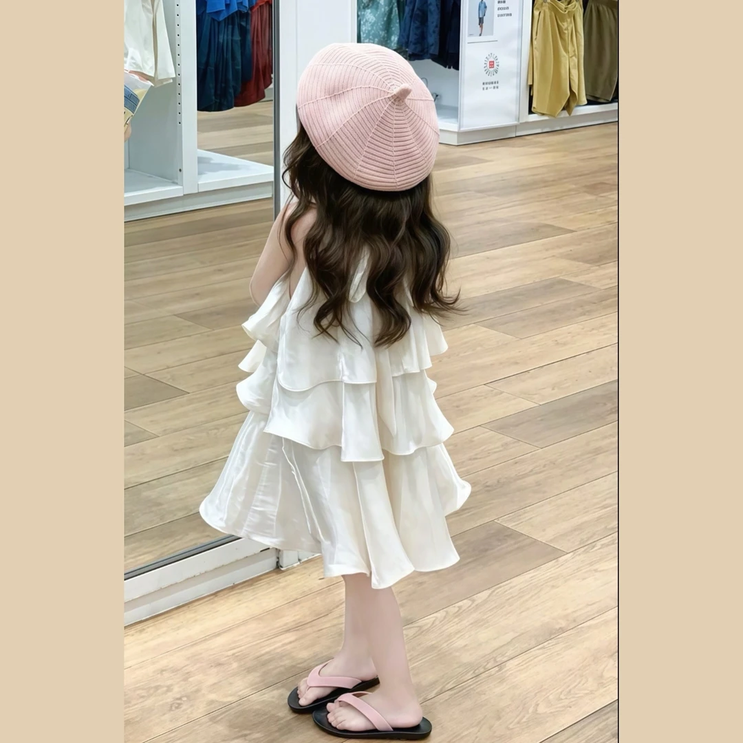 韩版童装夏季新款女童甜美气质白色连衣裙裙子高级感荷叶蛋糕裙