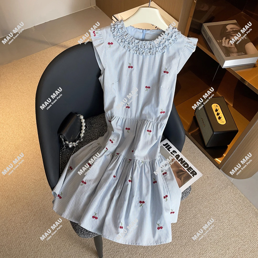 2025夏季新款木耳边樱桃条纹飞飞袖衬衫连衣裙女DY7754