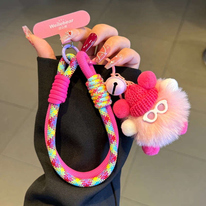 多巴胺毛绒煤球手机挂绳手腕带钥匙扣ins挂件防丢手提挂链夹片壳