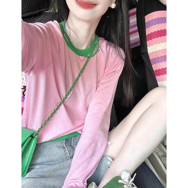 粉色多巴胺撞色长袖T恤女春夏款欧货薄款圆领针织衫宽松防晒罩衫