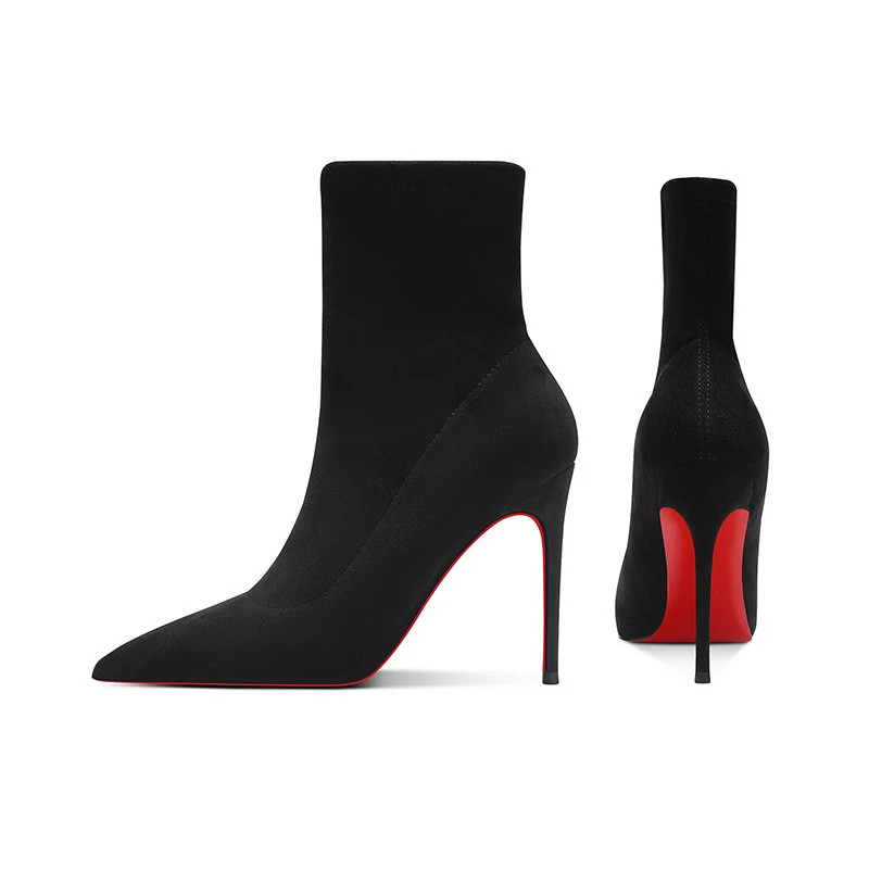 红底短靴女2025秋冬黑色侧拉链细跟尖头瘦瘦靴性感御姐高跟弹力靴