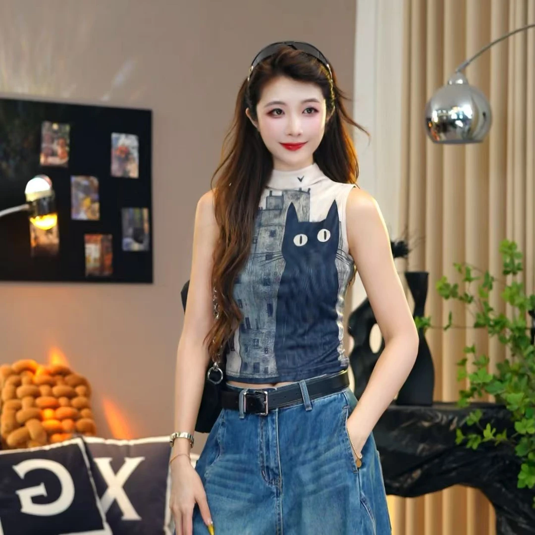 立领动物印花设计网纱修身显瘦无袖上衣-百搭时尚短款小衫t恤女夏