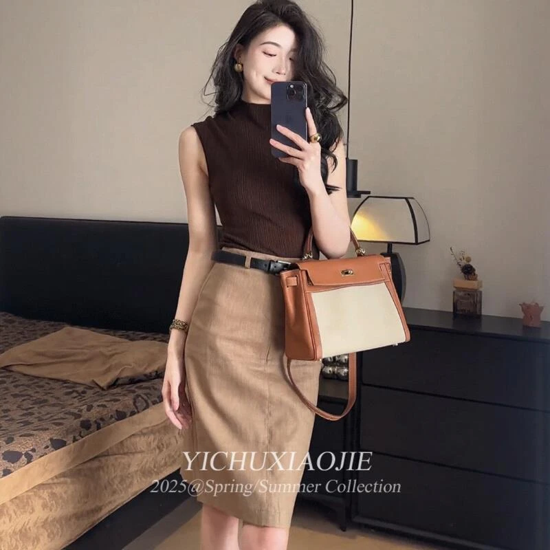 贵气感御姐穿搭一整套女夏季半高领针织无袖背心包臀半身裙两件套