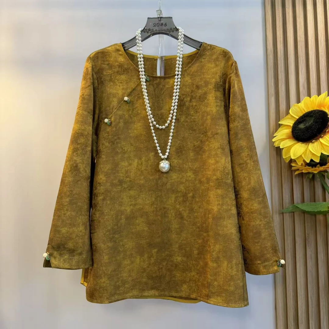 胖妹妹斜襟袖口开叉暗纹小衫大码女装文艺国风新中式气质显瘦上衣