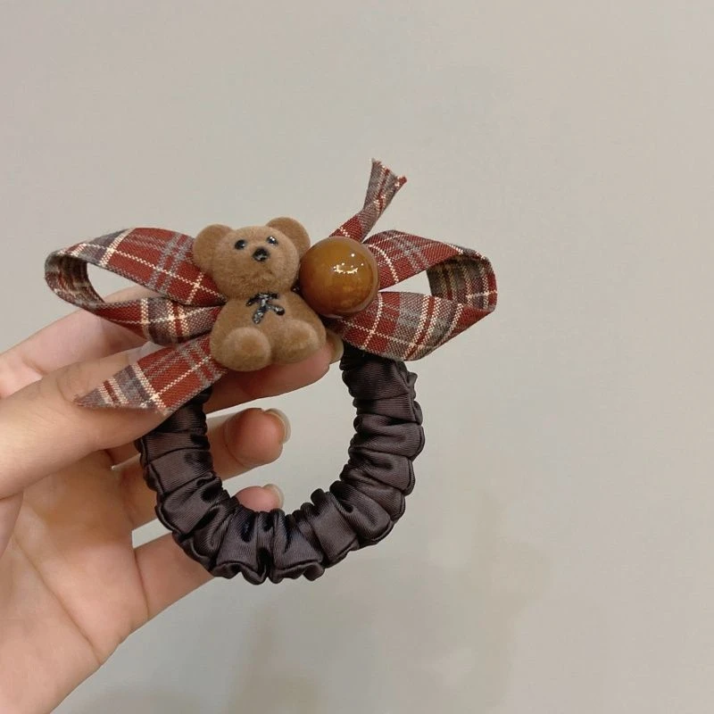 时尚格纹蝴蝶结发绳卡通扎丸子头绳ins韩式新款可爱小熊发圈皮筋