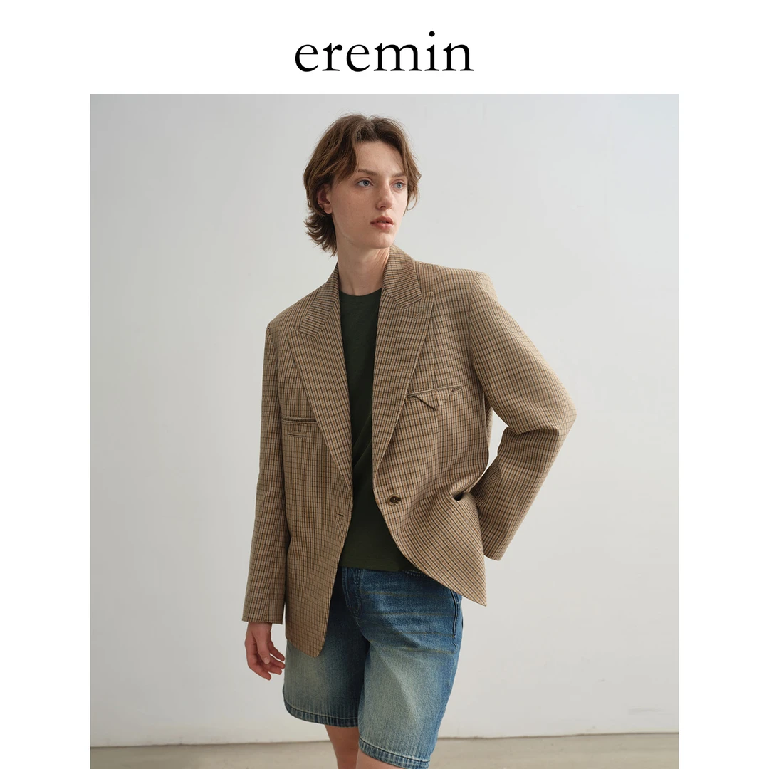 DE Mincollection格纹西装/复古戗驳领亚麻混纺西服外套55032