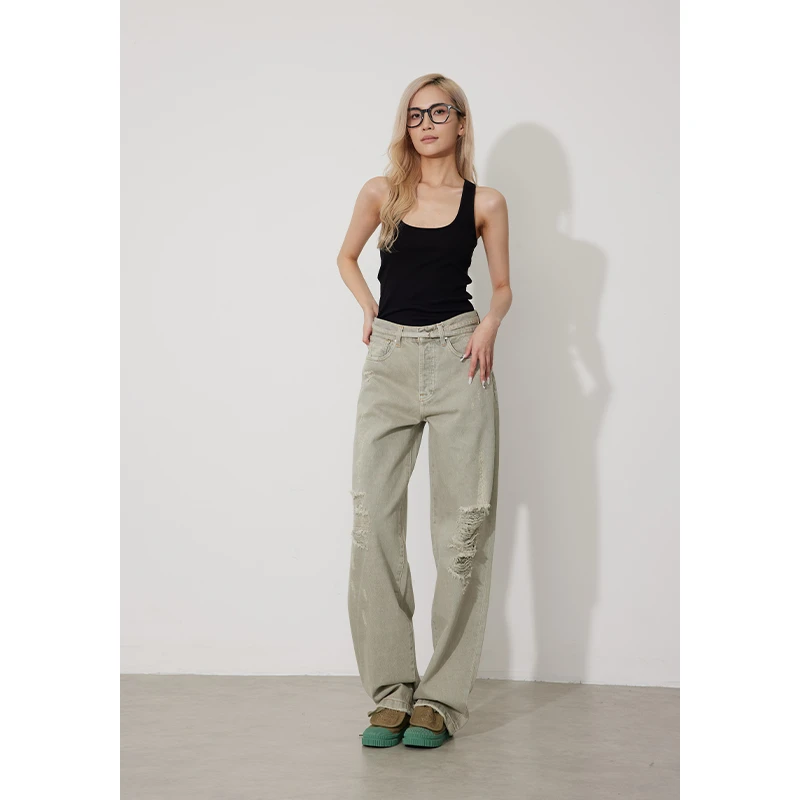 RUGOSAM「阔腿裤系列」早春上新| 高腰做旧磨破牛仔裤RB0459【自播】