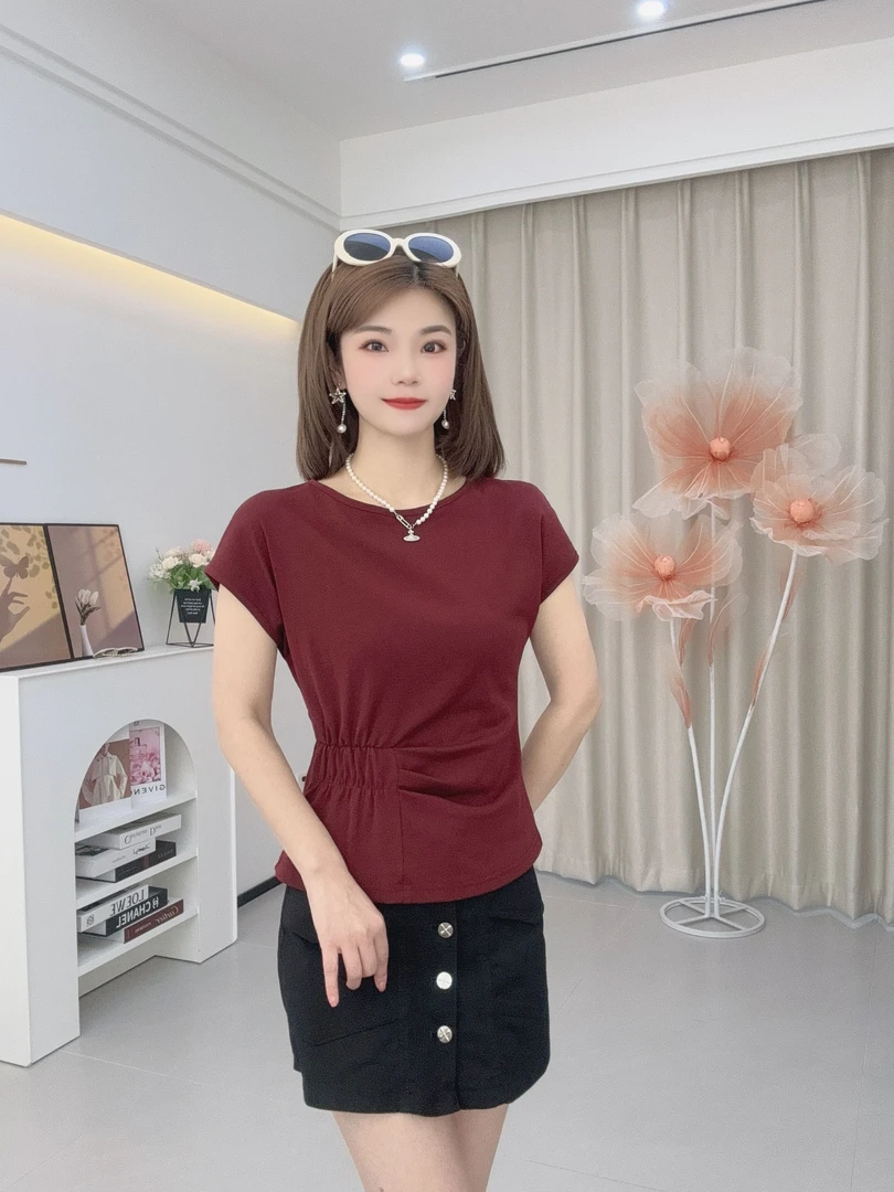 【萧萧】夏季新款显瘦气质时尚百搭夏季修身纯色大圆领正肩短袖t恤