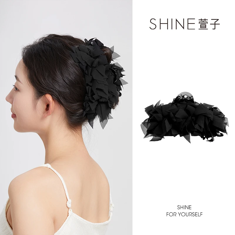 萱子经典黑色抓夹温柔显白复古优雅多层纱料层次感浪漫氛围