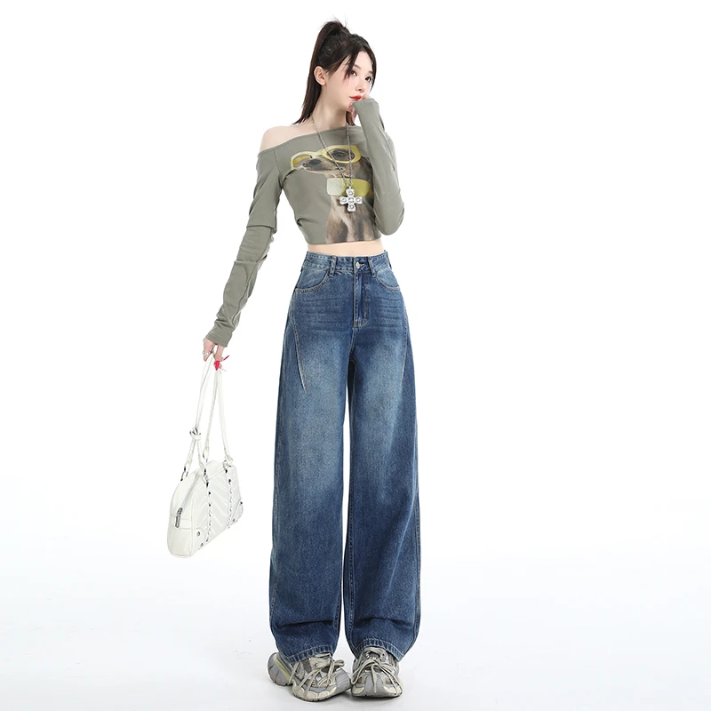 2331深蓝弯刀牛仔裤女美式阔腿新款宽松女款网红牛仔轻奢白色牛仔