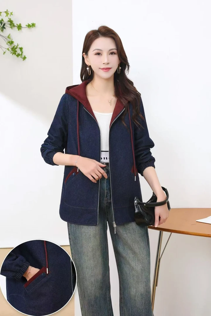 【丽丽家】大码女装春季纯色外套连帽时尚牛仔外套506