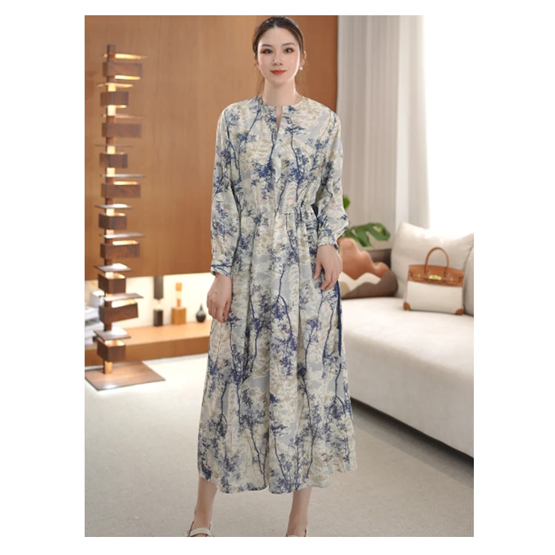 【夏季穿搭】时尚轻奢感水墨印花女士抽绳收腰显瘦连衣裙女D25192