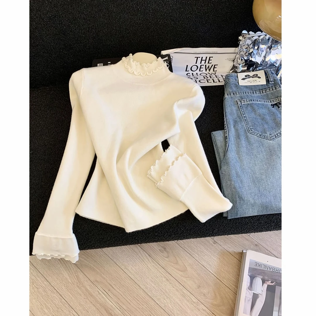 秋冬新款韩系设计感半高领百搭洋气修身显瘦木耳边针织衫#3059