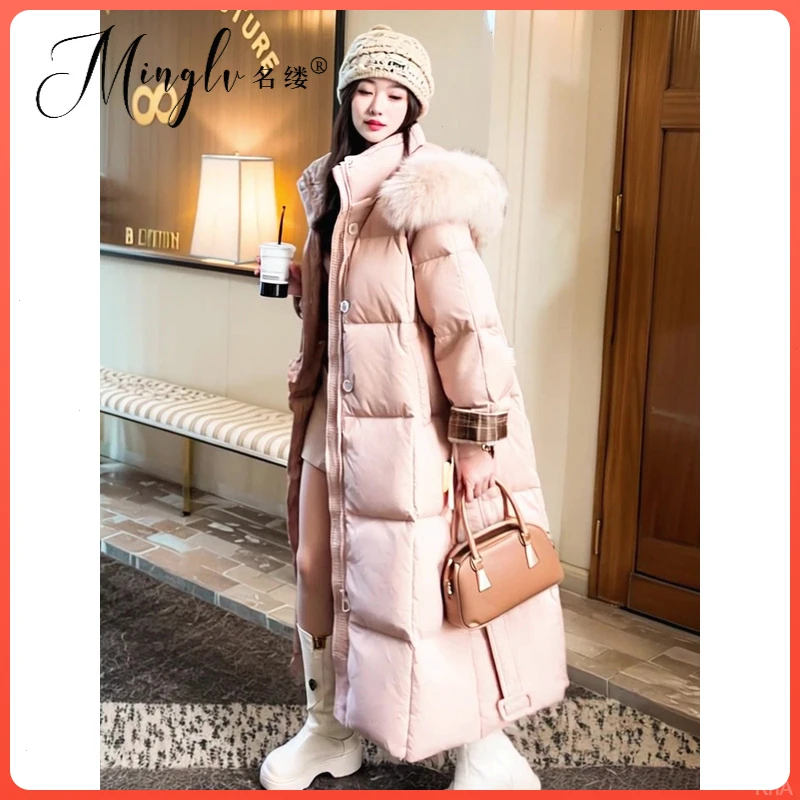韩版时尚长款毛领羽绒服女冬季加厚保暖粉色收腰显瘦轻奢外套高端