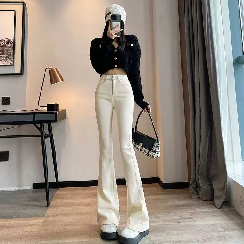 牛仔裤女2025秋季新款高腰显瘦百搭修身弹力黑白色喇叭裤子