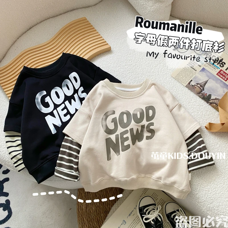 【麦麦妈】Q320春秋中小童字母假两件打底衫秋季新品男女宝宝休闲
