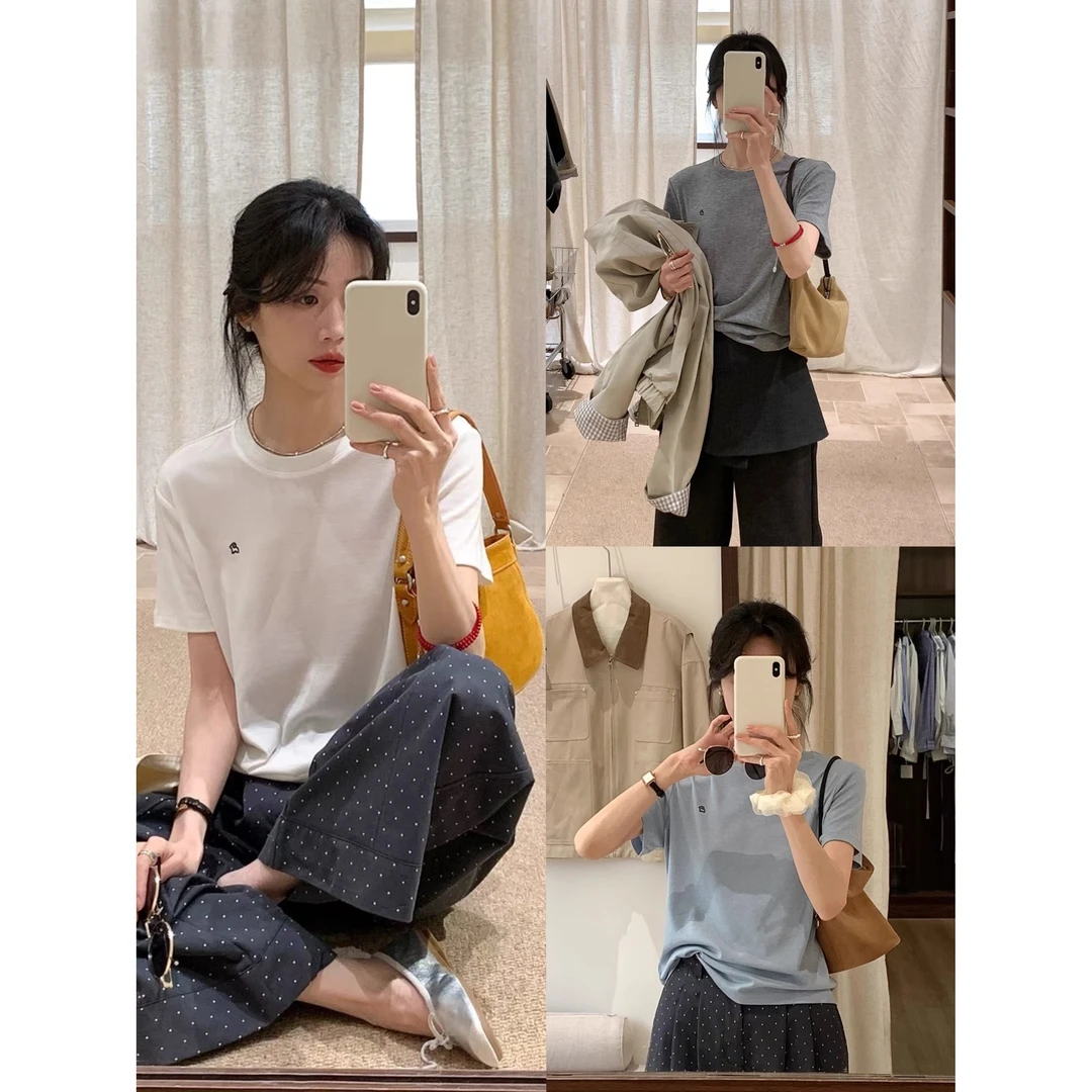 L-8214#真的好穿到起飞~小羊刺绣短袖T恤ins潮流休闲圆领上衣