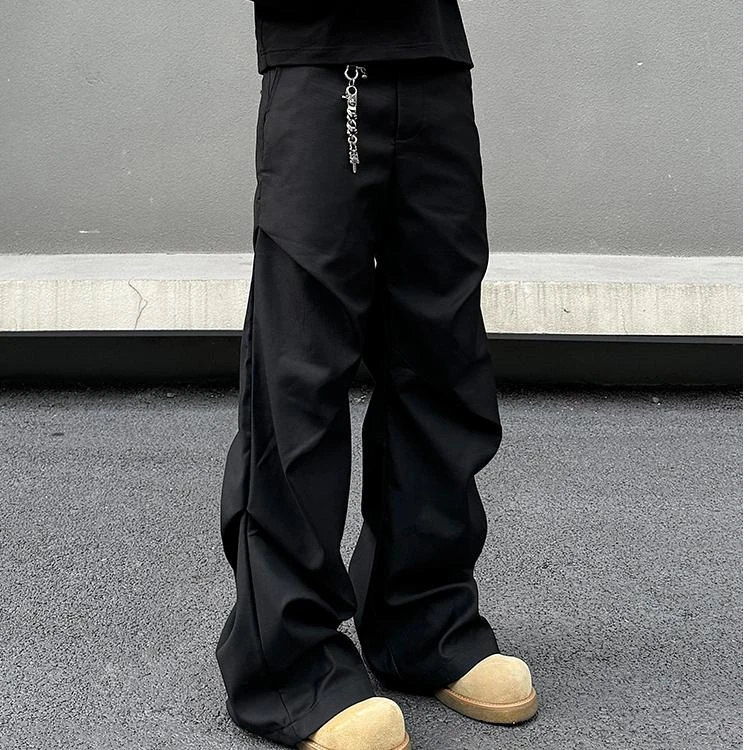 X826 美式复古黑色西裤工装男款褶皱垂感微喇休闲裤子