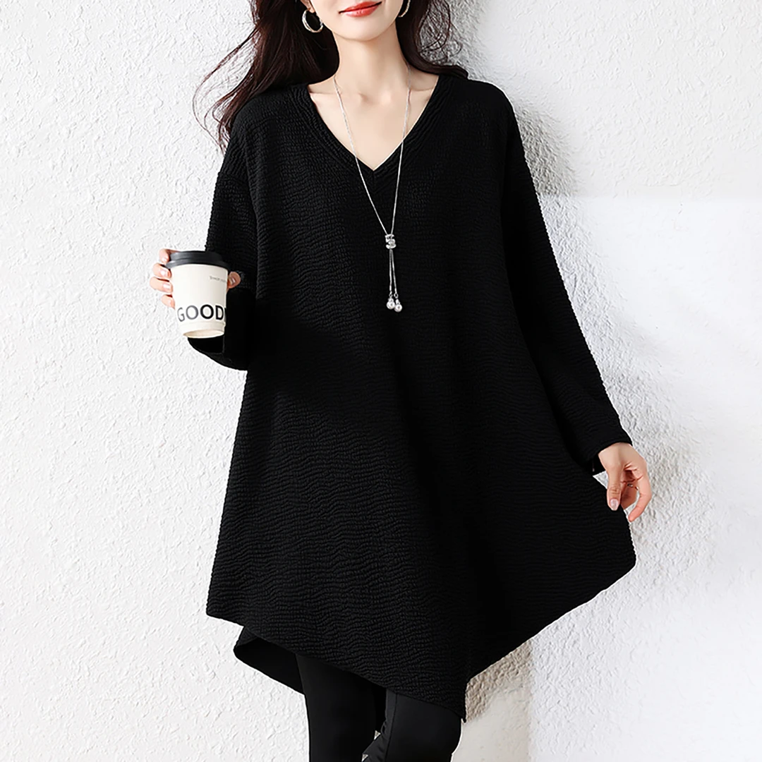 欧货气质V领不规则洋气春秋新款大码女装中长款宽松遮肉显瘦上衣