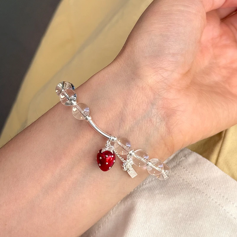 925银手链 925纯银莓有烦恼手链女ins简约手工设计草莓长牌小众时